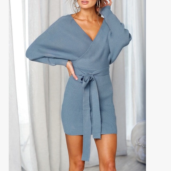 🔥🔥Sexy and Cozy Blue V Neck Sweater Dress - Picture 2 of 8